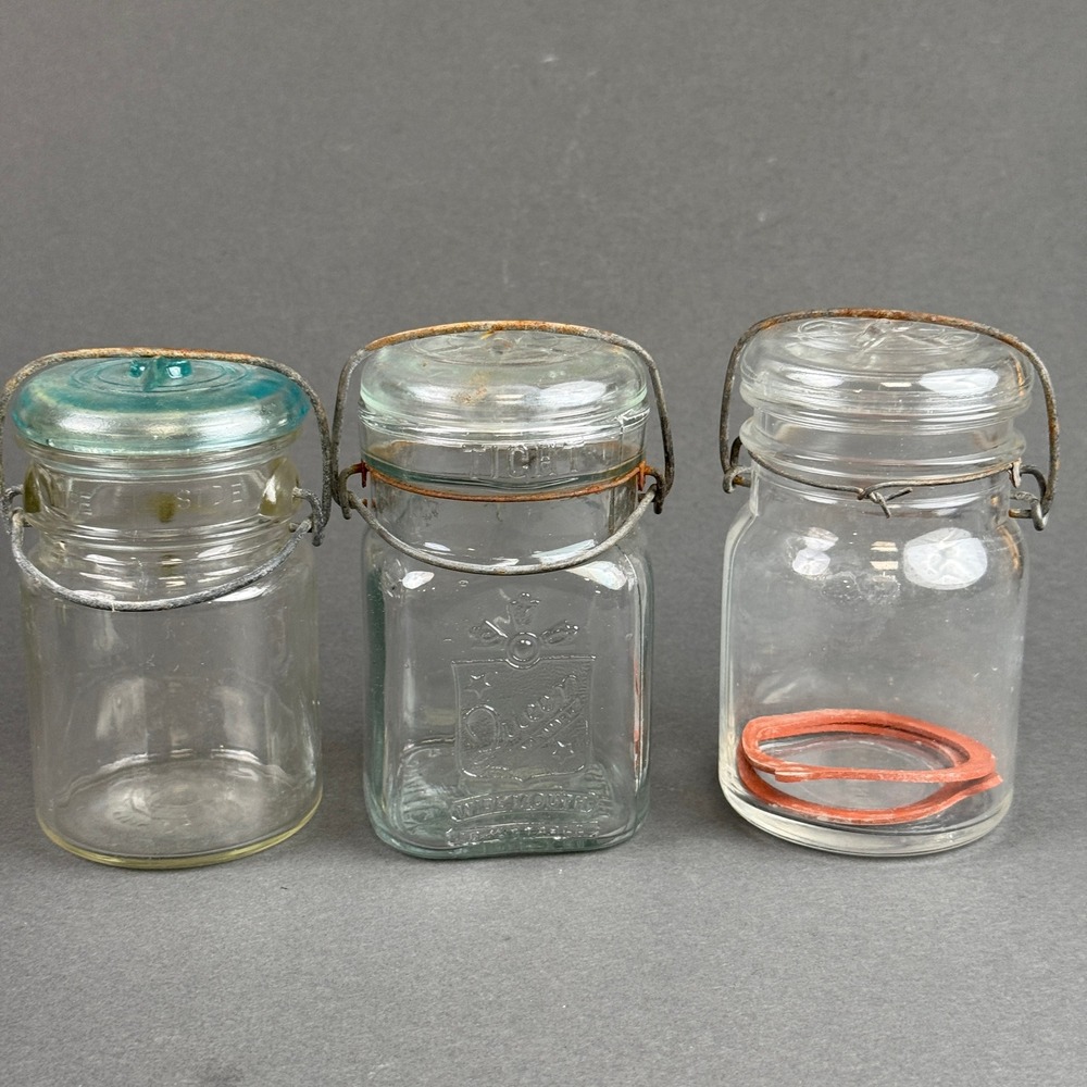 Vintage Queen Wide Mouth Glass Canning Jars Set of 3 Wire Bail